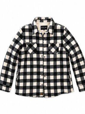 Modern Canvas Sherpa Lined Buffalo Plaid Shacket Jacket Black White Gray Size L